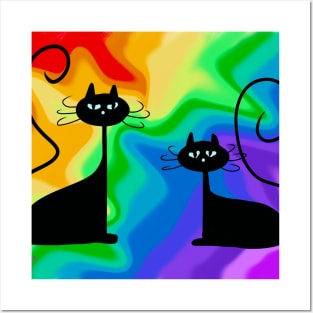 Two Cosmic Cats on Rainbow Background Posters and Art